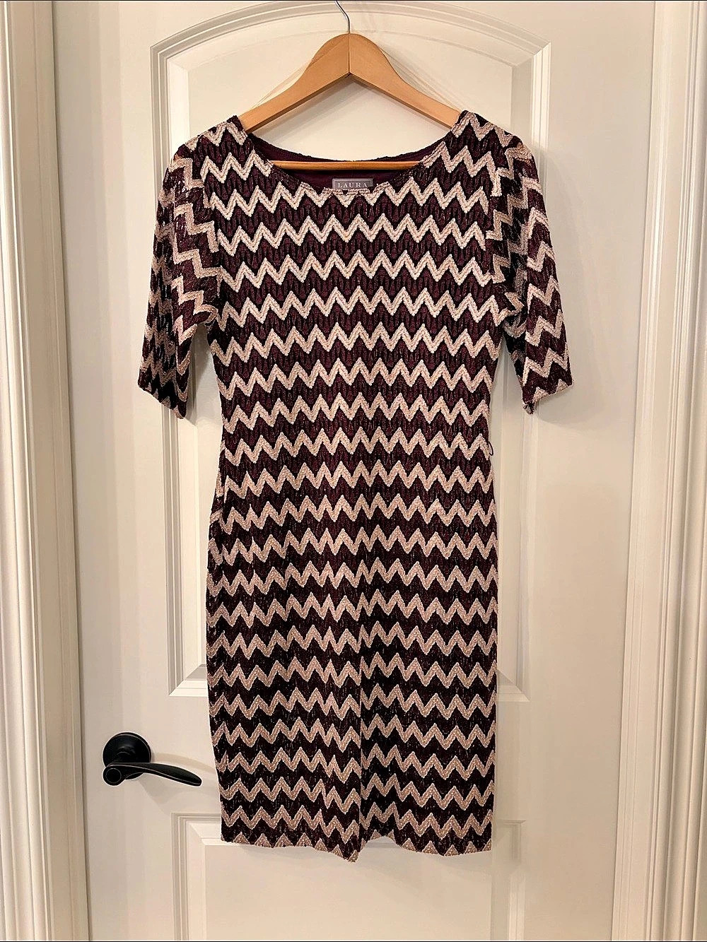 Laura Petite Burgundy and Champagne-Gold Lace Zigzag Knee-Length Occasion Dress